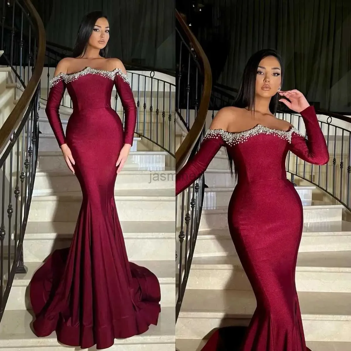 Urban Sexy Dresses Mermaid prom dress crystal off shoulder formal evening dresses elegant long sleeves party for special occasions promdress 24410