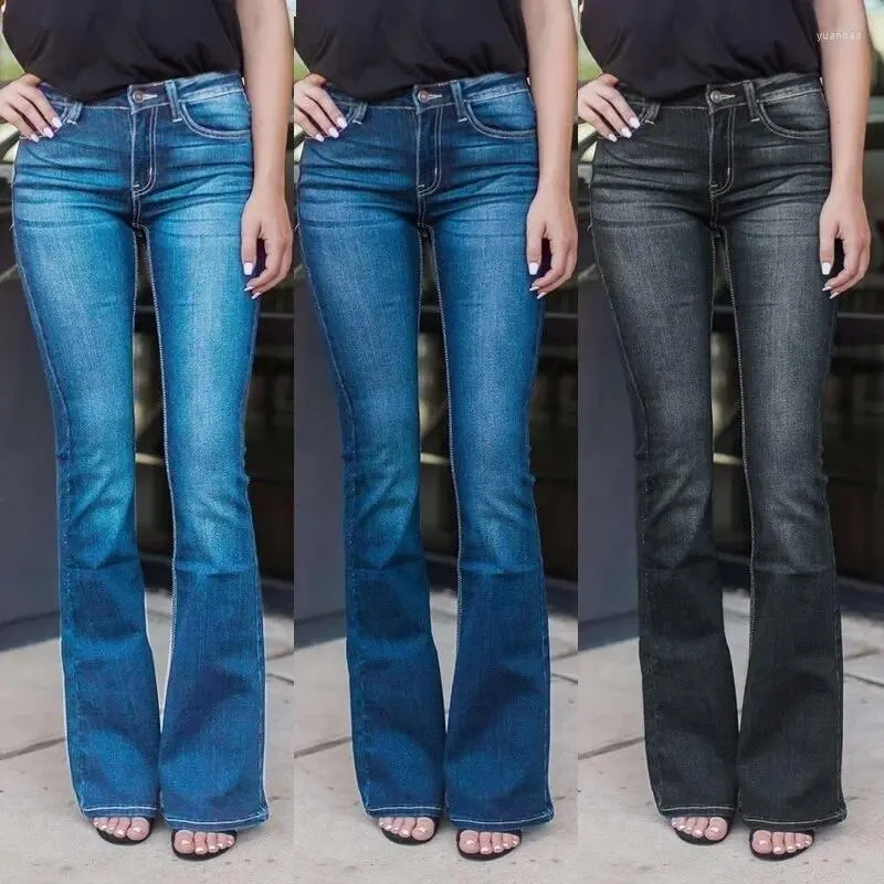 Kvinnors jeans plus size s-3xl kvinnor klocka under våren sommar höst mode casual mager smal flare denim byxor blå svart