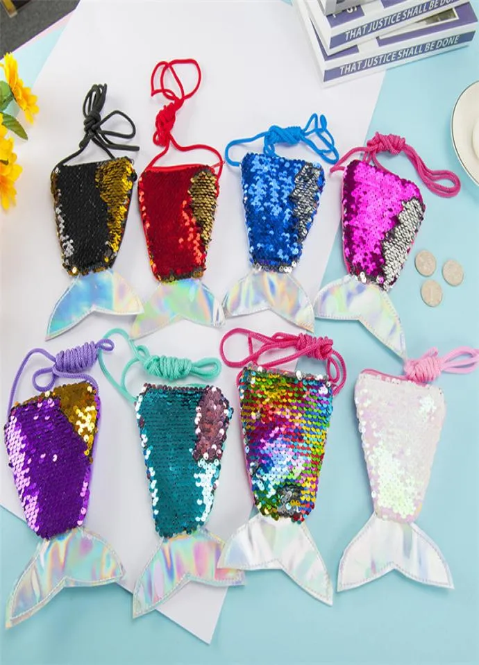 Barn Purses Girls Love Mermaid Sequins Zipper Coin Plånbok med Lanyard Vacker Fish Shape Tail Sling Money Card Purse Pouch Bag 5456674