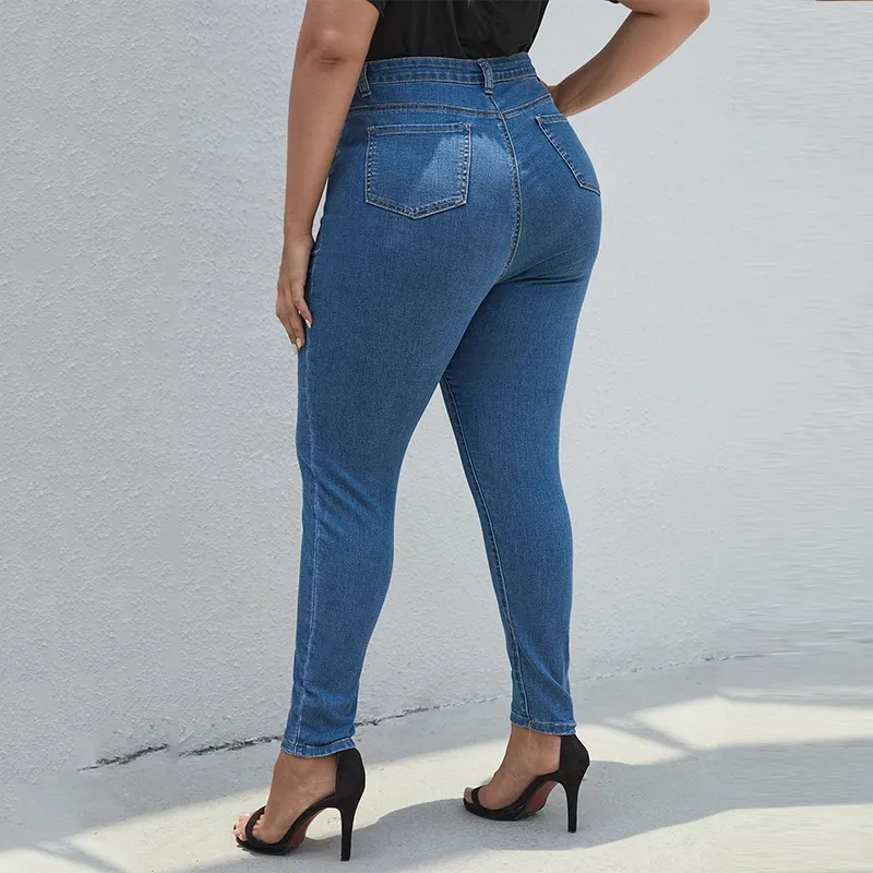 Plus taille femme jeans crayon haut taille jeans extensible été fine bleu clair 6xl 8xl maman courbe dame 120kgs pantalon complet