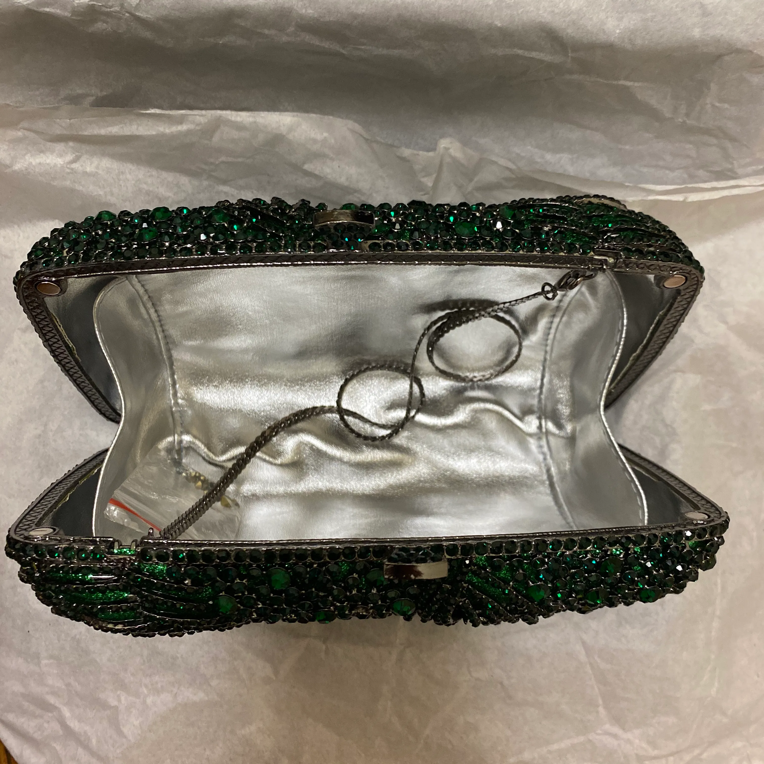 Designer Green/Silver Rhinestone Crystal Clutch Bag Evening Purse och Diamond Female Mini Phone Shoulder Messenger Handväskor