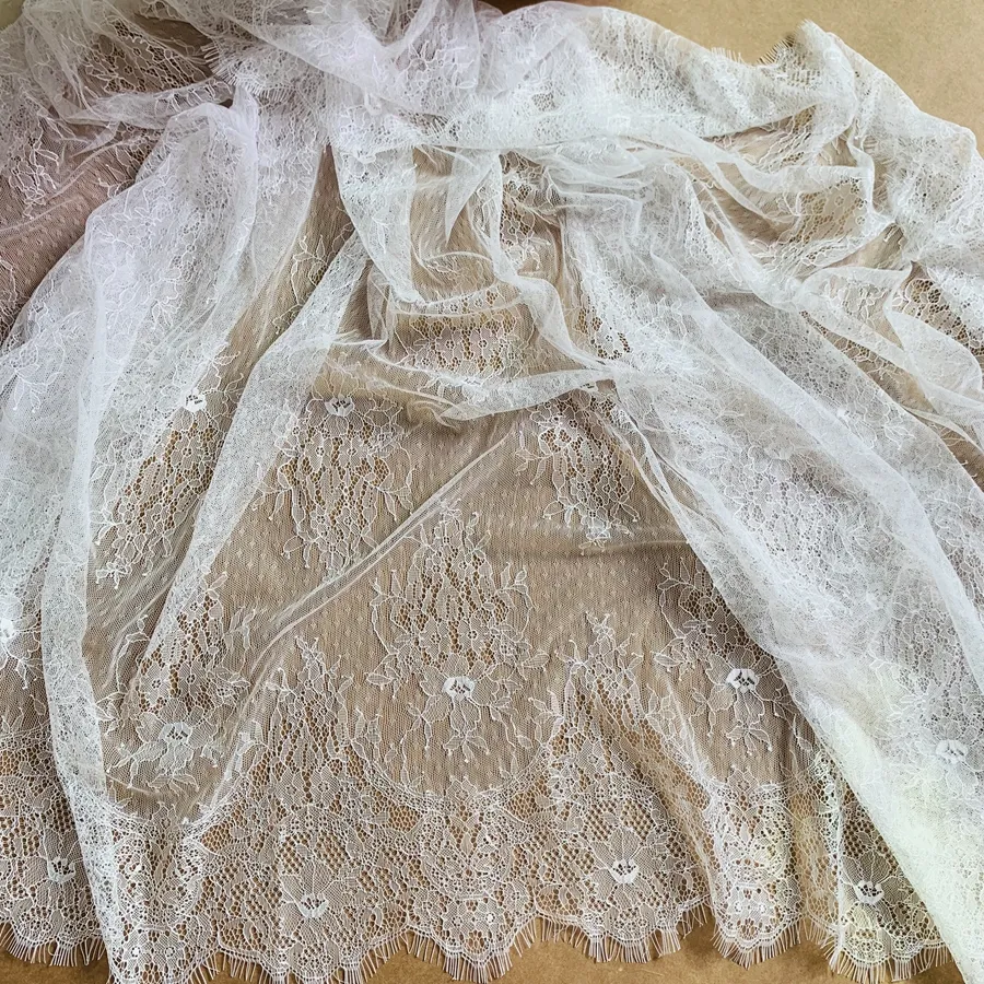 110x300CM Per Piece Subtle Eyelash Lace Fabric Off White Dots Design Chantilly Lace 3 Meters Long