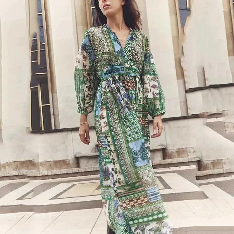 Casual Dresses Women's Boho Dress Round Neck Lantern Sleeve Floral Printing Maxi A-Line High midje Vacation Chic Vestidos hippie