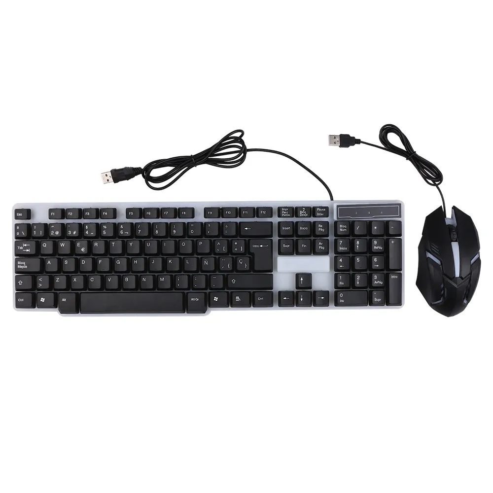 Combos USB Wired Spanish teclado Mouse Combo 105 Chaves Backlight Keyboard Kit ergonômico de mouse com plugue e reprodução suspensos