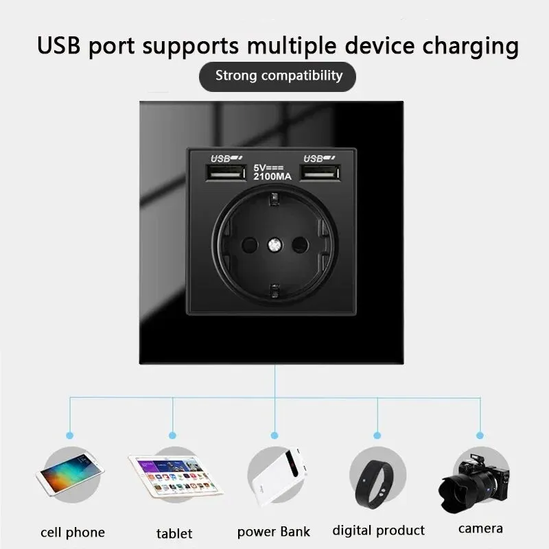 Depoguye Black UE Tipo C 220V Plugue USB Socket, soquete com USB para casa, montagem de parede 16A Power Outlet 86mm*86mm