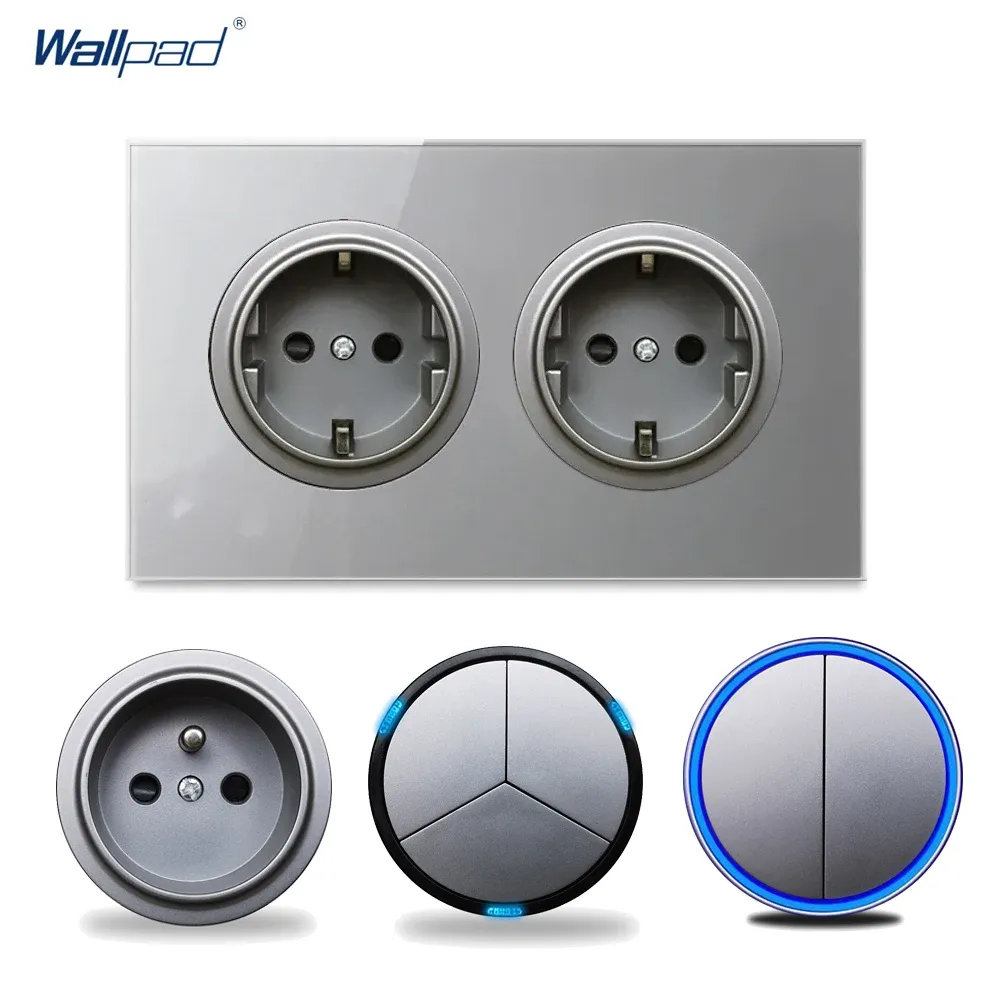 Wallpad Double EU Standard Wall Socket Frenc Electric Outlet with Round LED Light Switch Grey Crystal Tempered Glass Panel 146mm