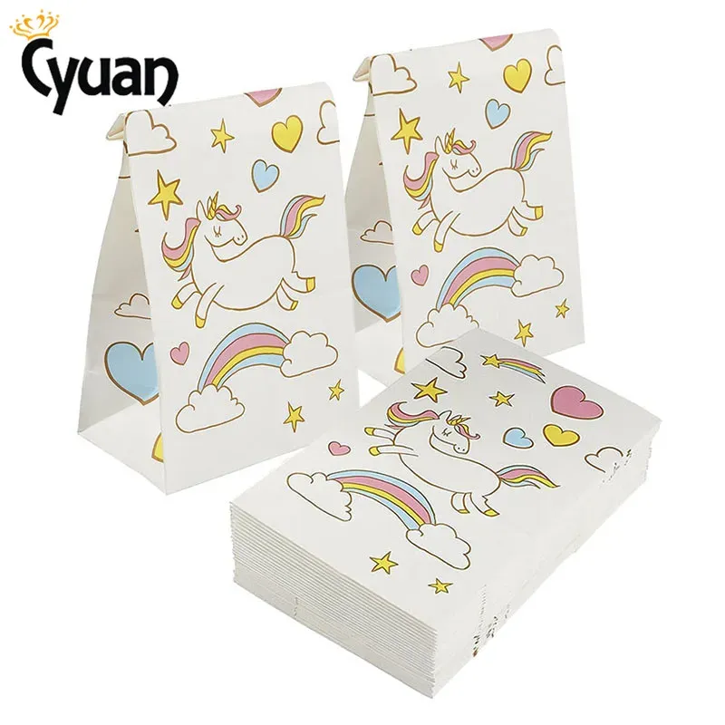 Unicorn Paper Candy Box Väskor med handtag Kraft Paper Presentpåse Popcorn Box Baby Shower Birthday Party Supplies Wedding Decor