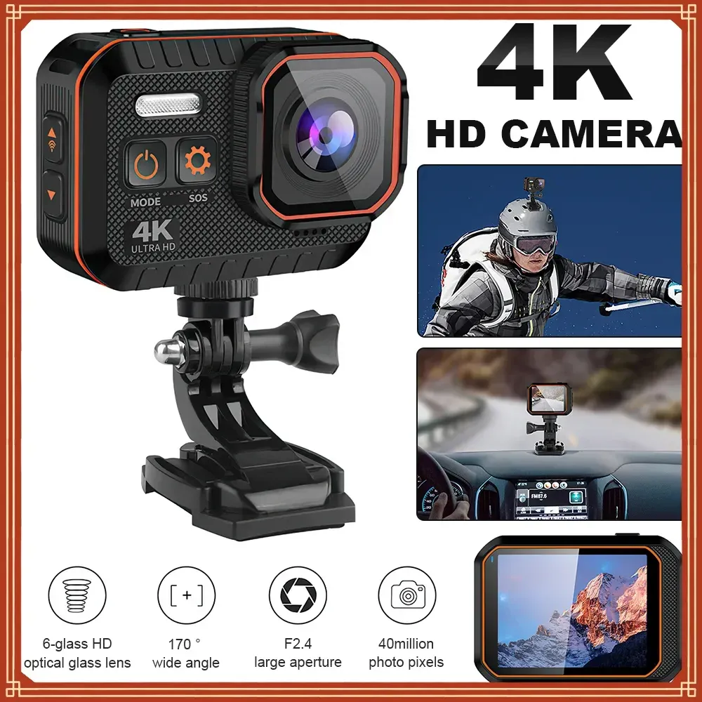 Telecamere 4K HD Wifi Camera 60FPS 170 ° Azione larga angolare Kamera Sport Outdoor Sport Bike Bike Canna per casco motociclistica con schermo a LED