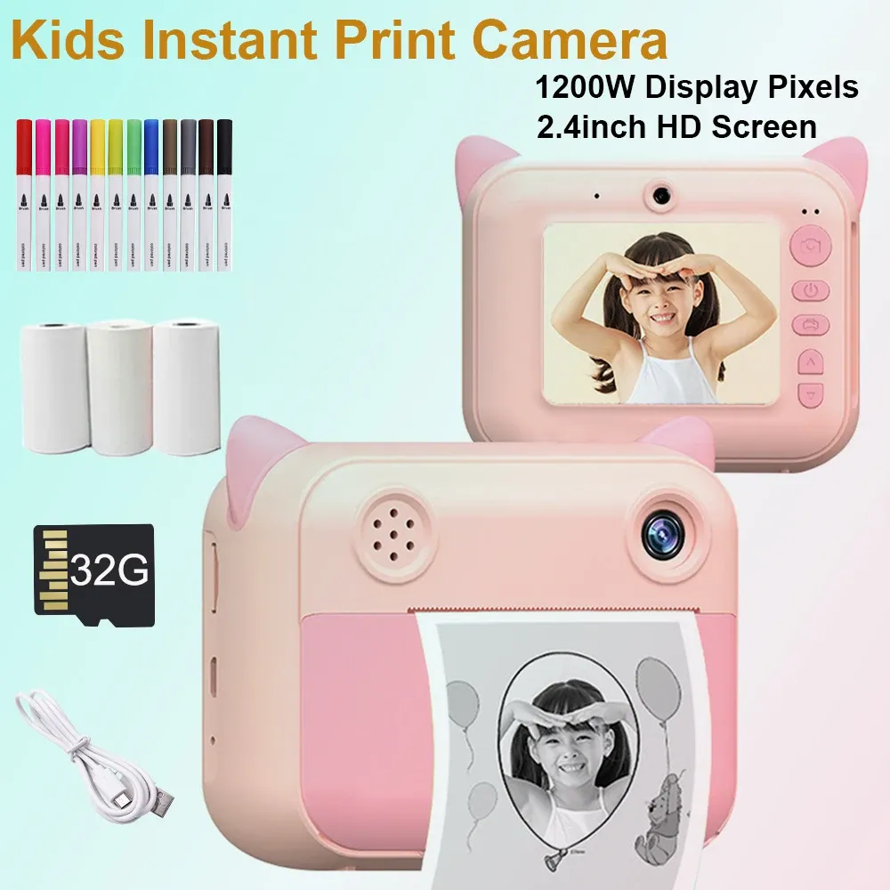 Adaptadores Câmera de impressão instantânea de crianças 1080p HD Câmera digital com papel fotográfico Câmera de brinquedo infantil para presente de aniversário