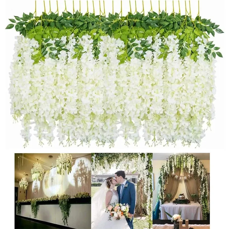 ウィスター人の人工花24パック人工ウィスターの花のラタン偽植物吊り下げヴァインガーランドのための結婚式の装飾240407