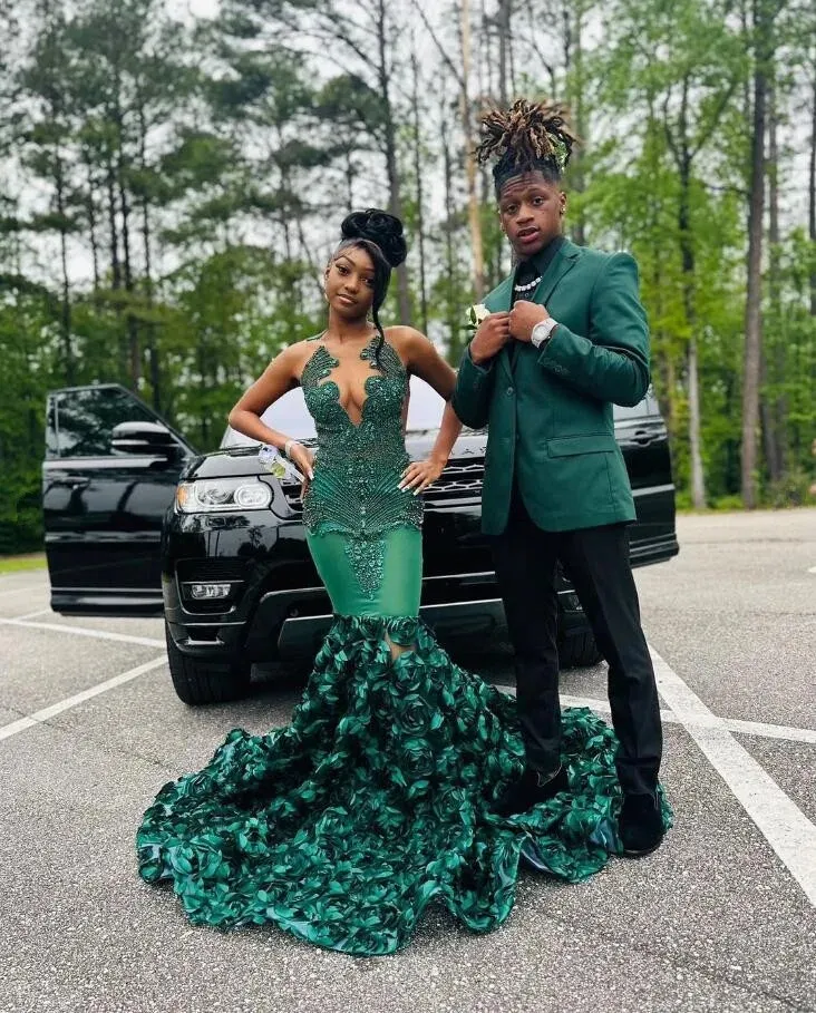 Elegant Hunter Green Rose Long Prom Dresses 2024 For Black Girls Crystal Beaded African Birthday Queen Gown Vestidos De Noche