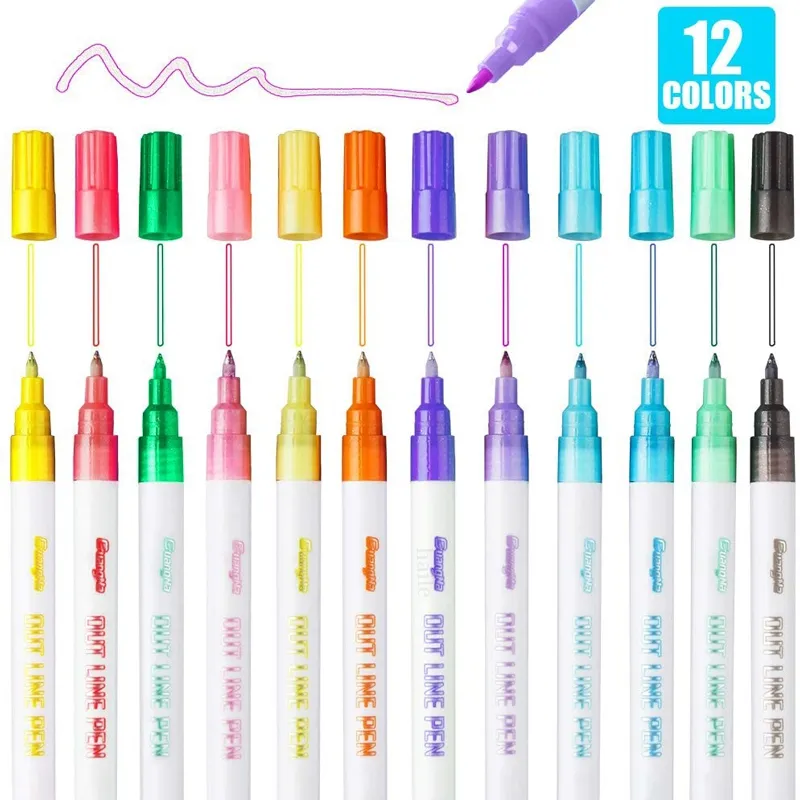 Haile 12 Färg 0,7 mm Dreamline Dubbel linjer Konturkonstmarkörer Pen Highlighter Sketching Diary Scrapbooking Kids Christmas Gift