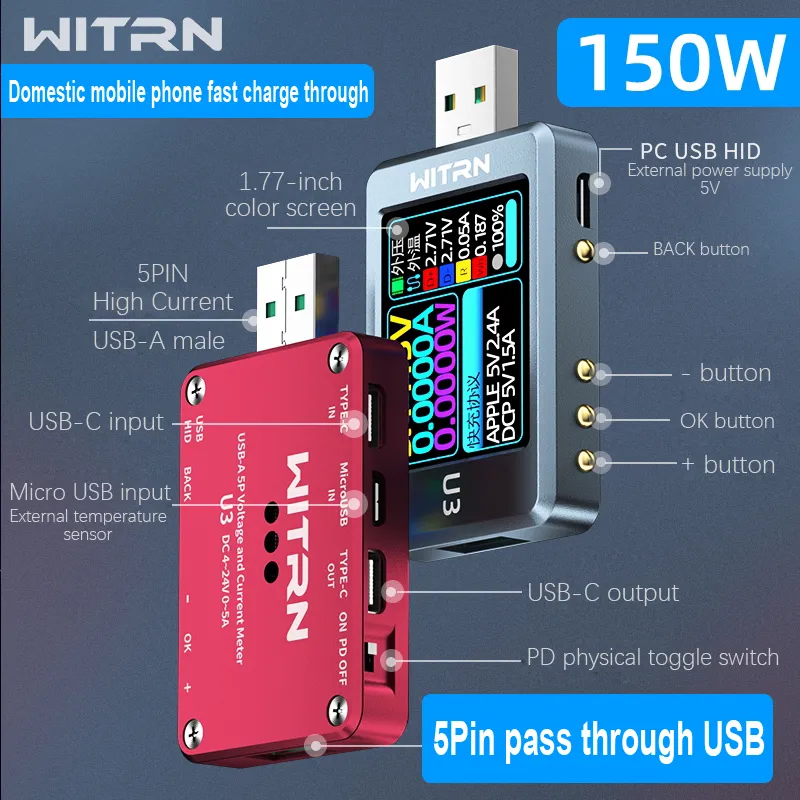 Witrn U3 U3L USB -тестер напряжение Ammeter Detector PD3.1 Протокол быстрого заряда