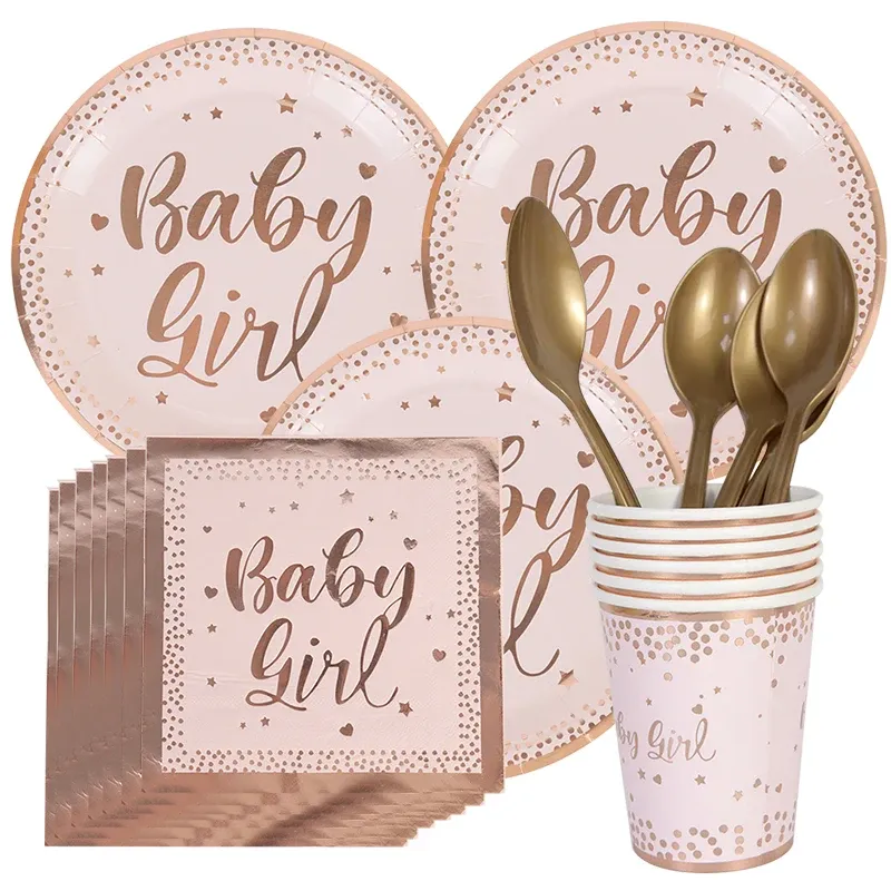 Rose Gold Baby Girl Drucken Herz Punkt Einweggeschirr Set Papierschalter Babyparty Geburtstagsfeier Dekoration