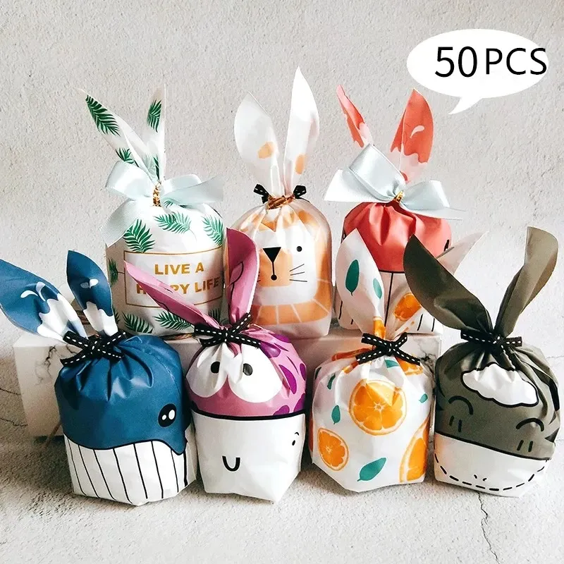 50pcs fofos de bolsas de doce de orelha longa de coelho biscoito de biscoito de biscoito suprimentos de lanches pequenas festas de casamento festas de casamento sacolas de presente