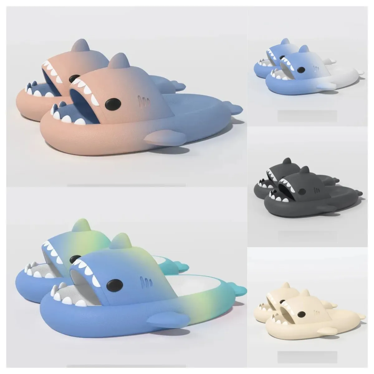 Lyxdesigner kvalitetskor sandal sommarhaj tofflor shark glider svart gröna tjocka soliga skor män kvinnor barn platt sandaler gradient flip flops