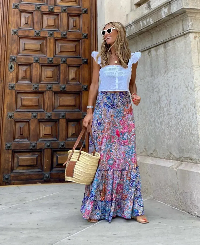 Boho Skirt Structured Cotton Maxi Skirt Elegant Floral Maxi Skirt