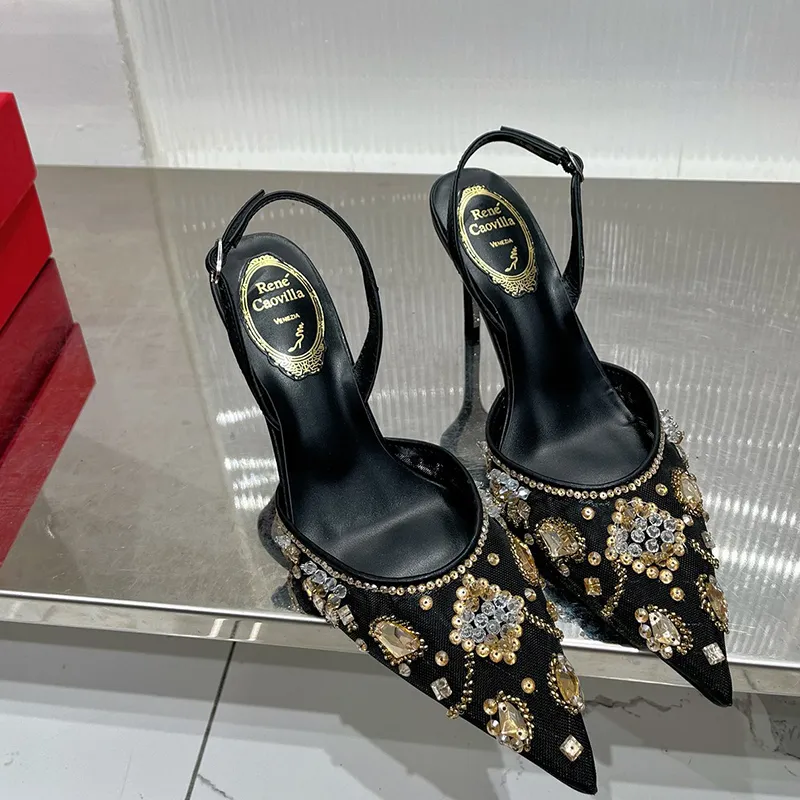デザイナーシューズRene Caovilla Crystal Embellishery Pumps Poinded Toes Heels Women's Luxury Brand 7.5cm Wedding Party Factory Footwear