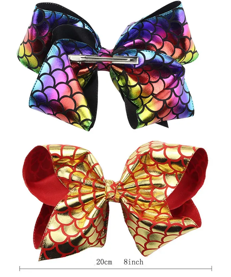 8 Inch Mermaid Scale Hair Bows JOJO Bow Baby Girls Big Large Rainbow Colorful Design Children Hair Clips Fashion Hair Accessories for Kids