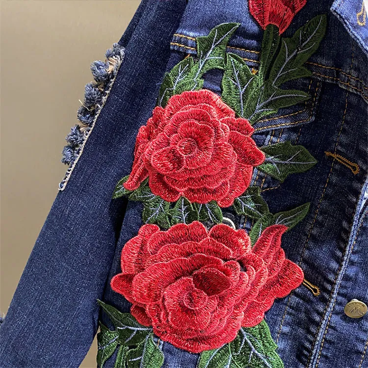 Women's Embroidery Red Rose Short Denim Jacket Coat Hole Long Sleeve Jeans Coats