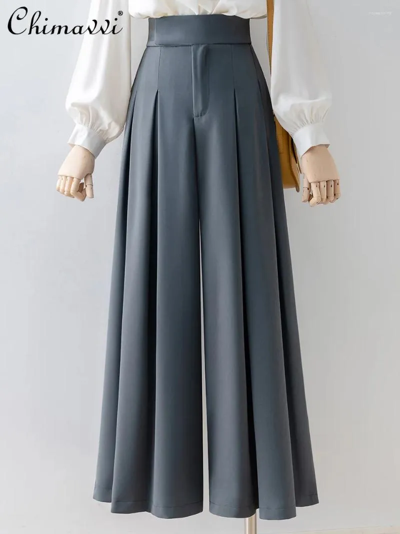 Calça feminina primavera 2024 moda coreana cometando cinza cintura alta bolso bolso de perna larga mulher heters calça longa casual calça