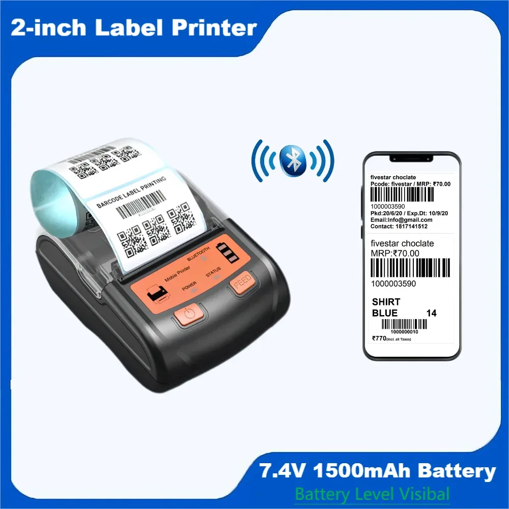 Imprimantes 90 mm / s 58 mm imprimante mobile mobile 2 pouces Bluetooth + imprimante thermique USB de 50 mm de diamètre de diamètre étiquette portable mini imprimante