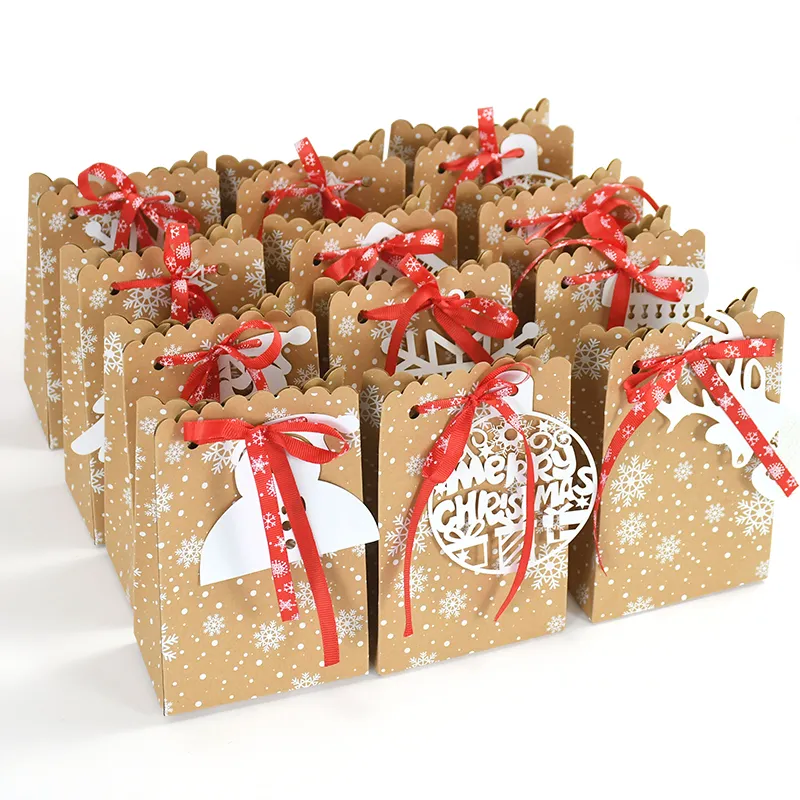 24Pcs 11.5x18x7.4cm Christmas Kraft Paper Gift Box Bag Merry Christmas Snowflake Candy Cookie Packaging Bags Xmas Navidad Noel