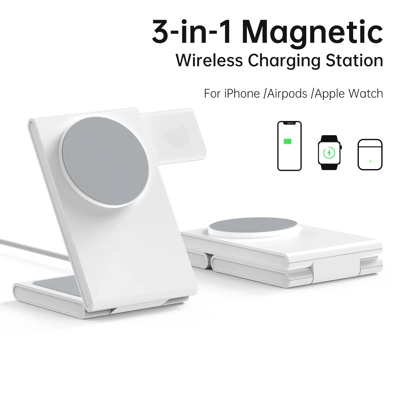 Caricabatterie 3 in 1 Caricatore wireless pieghevole Stazione di ricarica rapida per iPhone 14 13 supporto per caricatore magnetico per Apple Watch S8/7