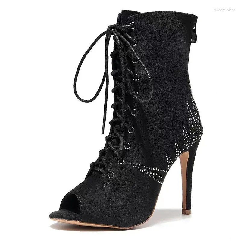 Dansschoenen vrouw zwart flanel latin laarzen vrouwen open teen stiletto bootie dames veter omhoog strass jazz ballroom dansen