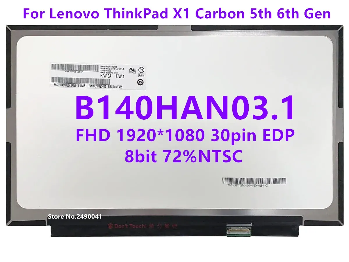 Tela 14.0 Laptop LCD Screen B140han03.1 B140han03.6 Para Lenovo ThinkPad X1 Carbono 5th 6th Gen 2017 2018 00ny435 FHD1920X1080 30PIN