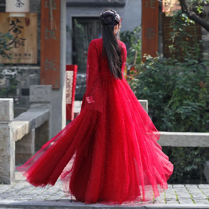 Womens Ancient Chinese Hanfu Costume Red Sequin 2-Layer Fabric Dance Dress  with Girdle Seal XS to XXXL from Dhgate Bridal Veils - price 54.53