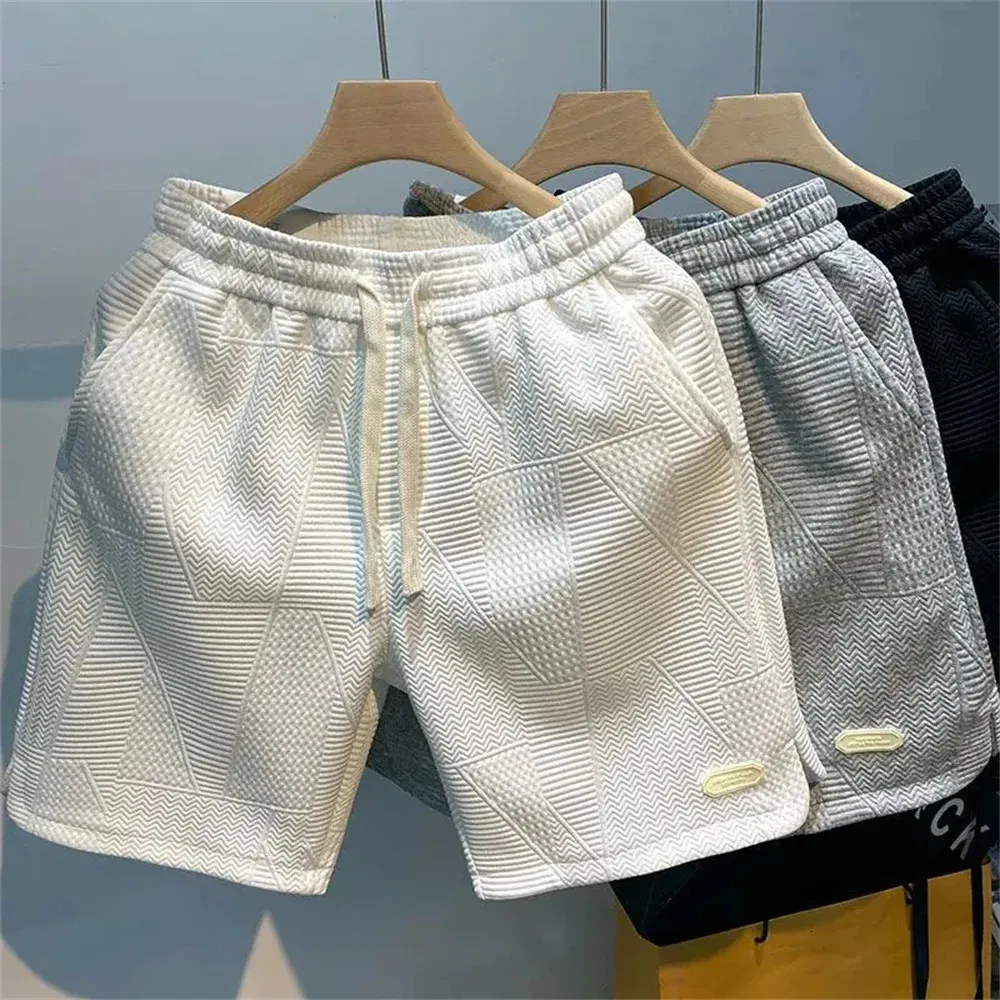 Summer Mens Casual Jogging Sport Pantalones cortos Patrón de ola sólido Male Drawstring Loose Dry Gym Sports Sweepant 240410