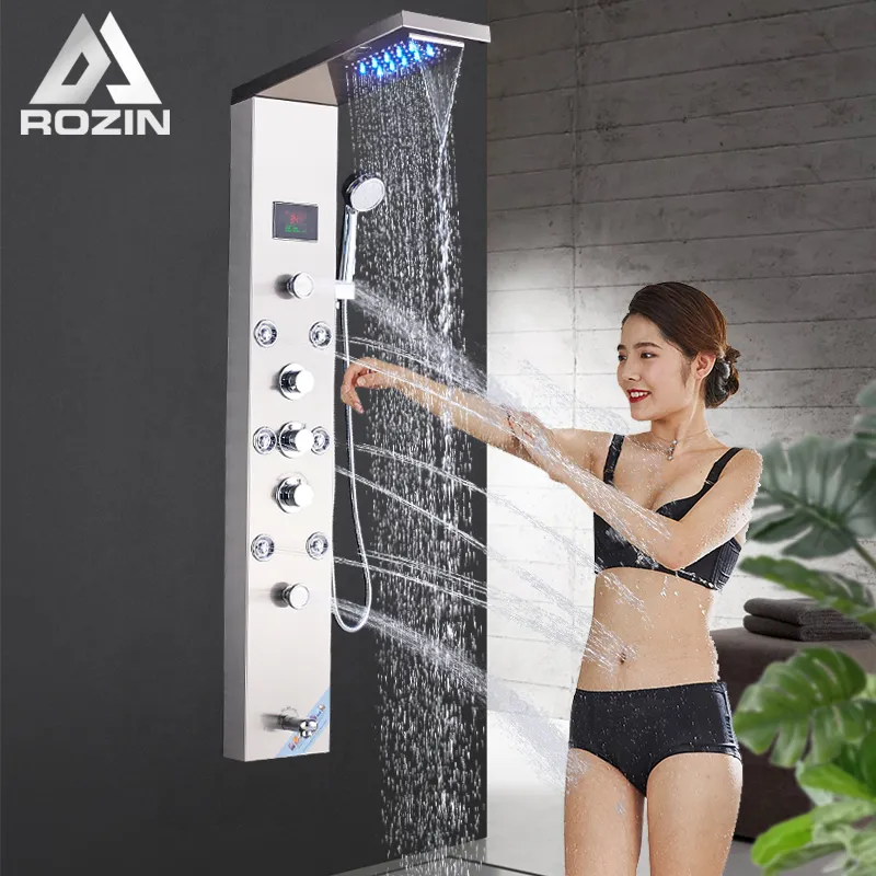 Rozin Brished NickelバスルームシャワーコラムブラックLEDシャワーパネル降雨シャワー蛇口デジタルスクリーン6モードミキサータップ
