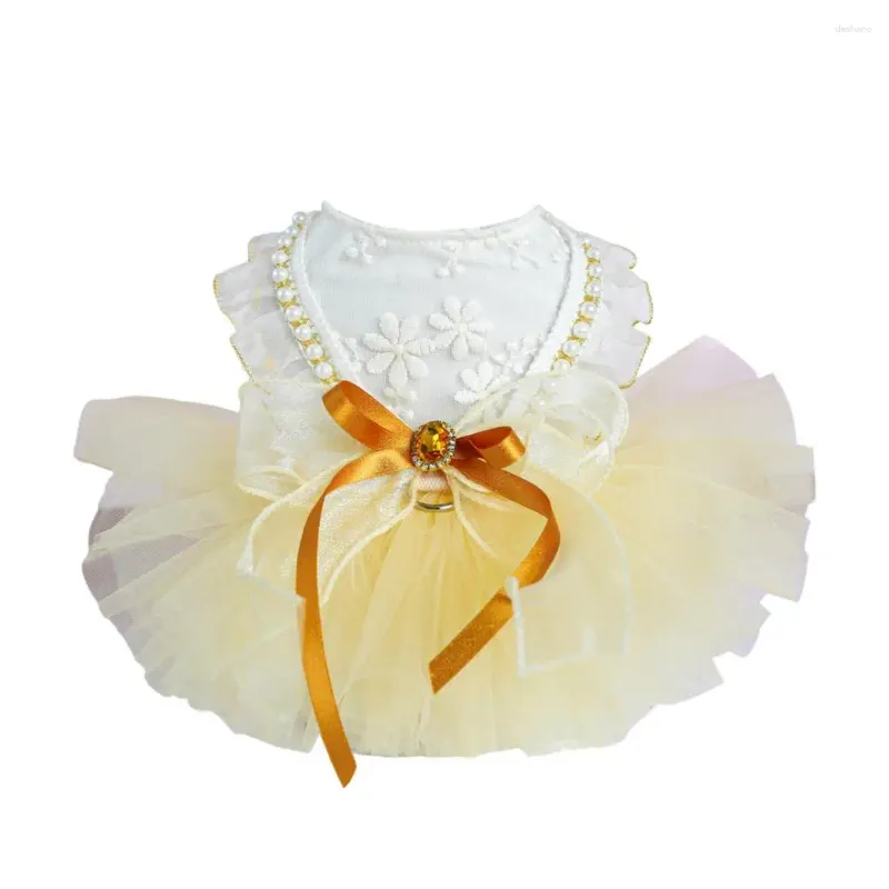 Vestido de vestuário para roupas de vestuário para cães, vestido de princesa de malha de várias camadas elegante com pérolas de arcos para pequenos cães médios desgaste