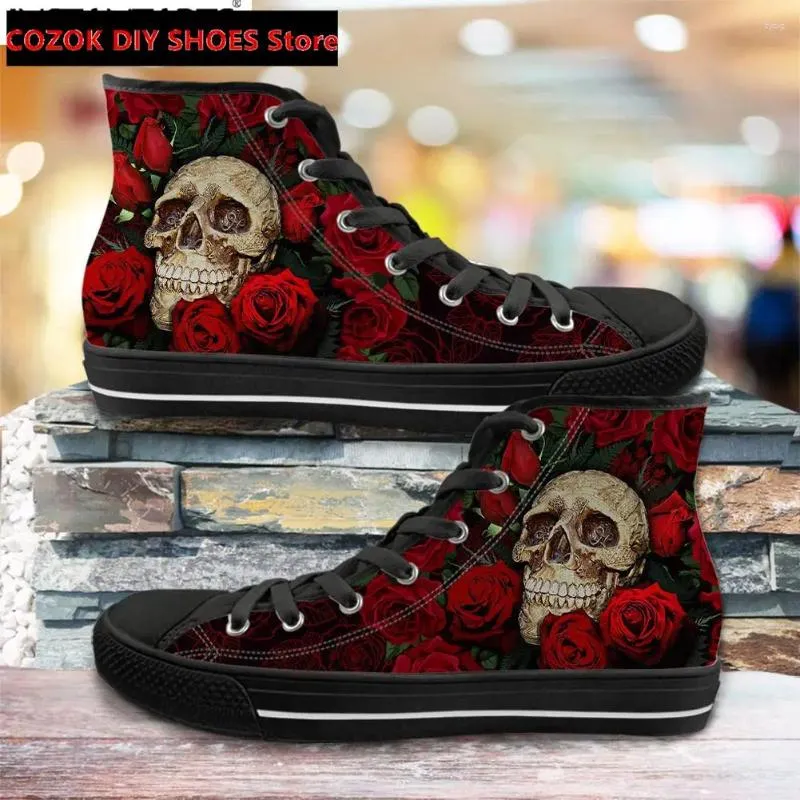 Casual Shoes Classic High Top Canvas Sugar Rose Flower Skull Print Men's Vulcanized Punk Style Footwear Zapatos Mujer