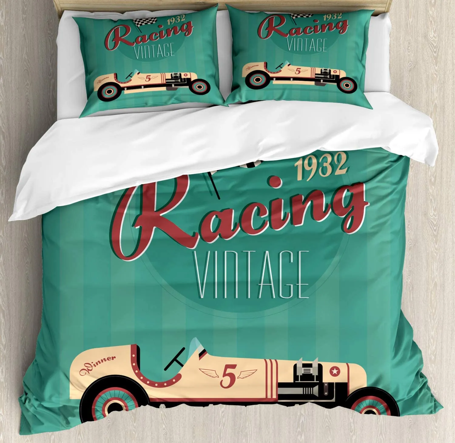 Carros de Ho me Lili Duvet Set Poster Print de um clássico Automobile Nostalgia Rally Rally Antique Decor Bedding