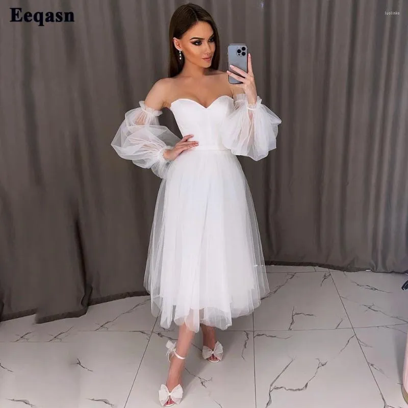 Robes de fête Eeqasn à manches longues amovibles MIDI TULLE PROM IVORY-LANGE FEMMES FORMALES HABLE