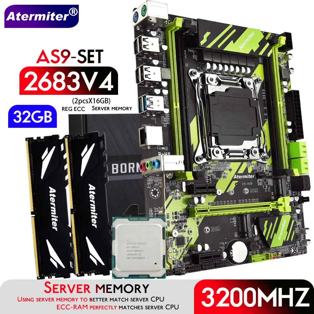 Motherboards Atermiter X99 AS9 Motherboard Set with Xeon E5 2683 V4 CPU LGA 20113 Processor DDR4 32GB 2 X 16GB 3200MHz Memory REG ECC RAM