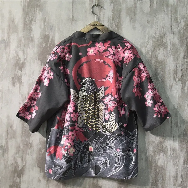Cardigan giapponese Kimono Codigan Plus size Stampa retrò Cherry Sakura Cardigan Shirt Maschio Yukata Haori Casual Samurai Abbigliamento