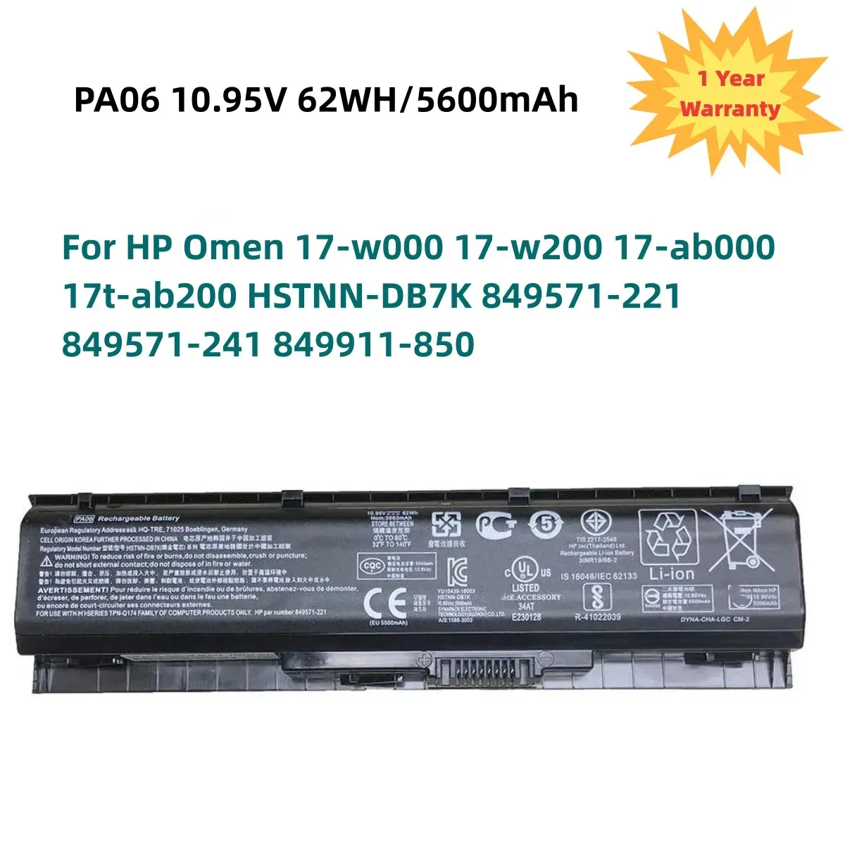 Batteries 10.95V 5600mAh PA06 Batterie d'ordinateur portable pour HP Omen 17W000 17W200 17AB000 17TAB200 HSTNNDB7K 849571221 849571241 849911850