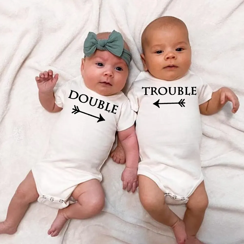 Bodysuits de bebés recién nacidos Doble Trouble Twin Kids Unisex Manga corta Rompers Playsuits