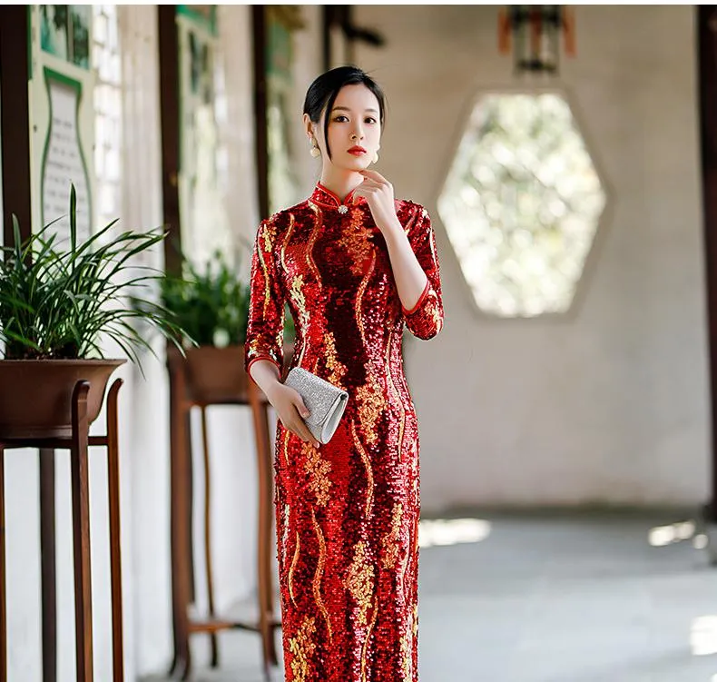chinese theme party dress Chinese dress Retro Printed Chinese Dresses Qipao Side slit Asian Theme  Party Cosplay Dresses for women girls paragraph Chinese wind