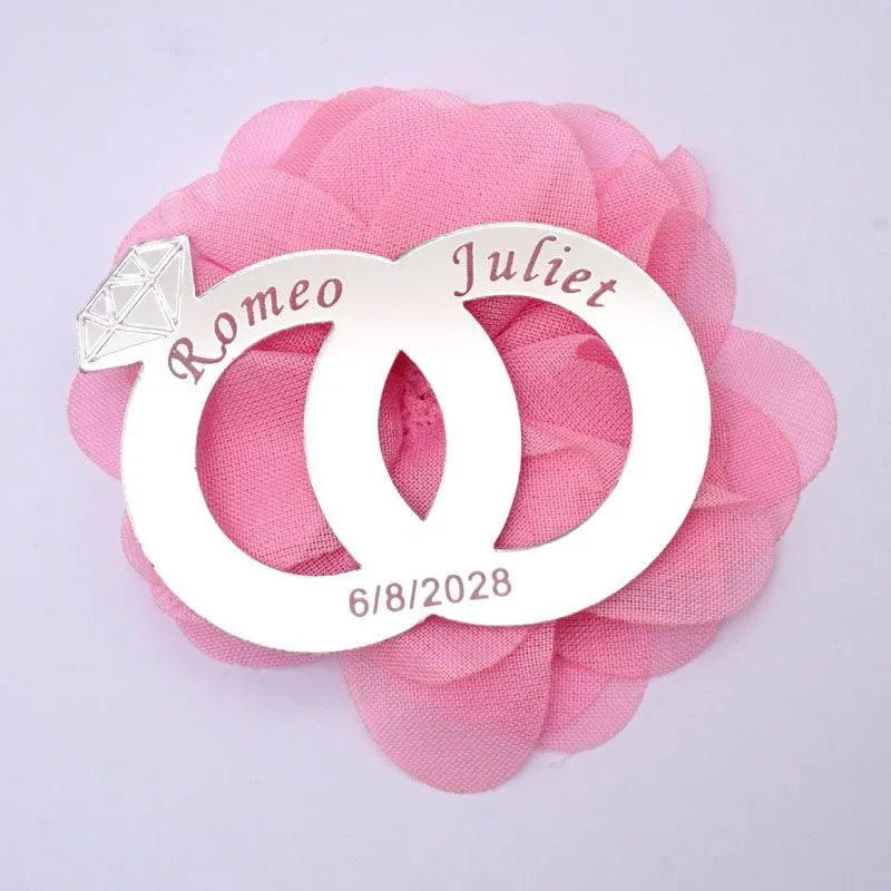 20 piezas Nombre de novio y novia de novios anillos dobles decoración de la boda espejo acrílico pegatina praty de invitado personalizado con flor