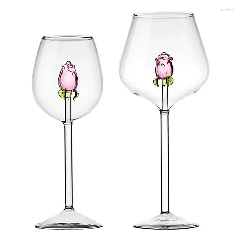 クリエイティブな3Dピンクのガラスロマンチックな花ガラス製品シャンパンフルート素敵なバレンタインギフトの内側にバラが付いたワイングラス