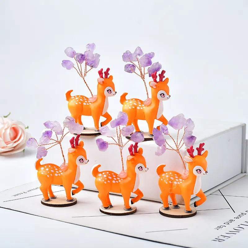 Ametista naturale Ametista Christmas Christmas Lucky Tree Stone Mineral Ornaments Sika Deer Figurine Decorazioni natalizie