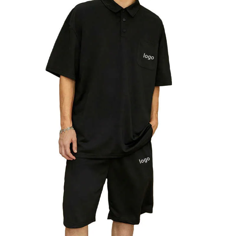 2024 Summer Custom Solid Color Mens Tracksuit Black Overdimate Lapel Button-up Polo Shirt and Shorts