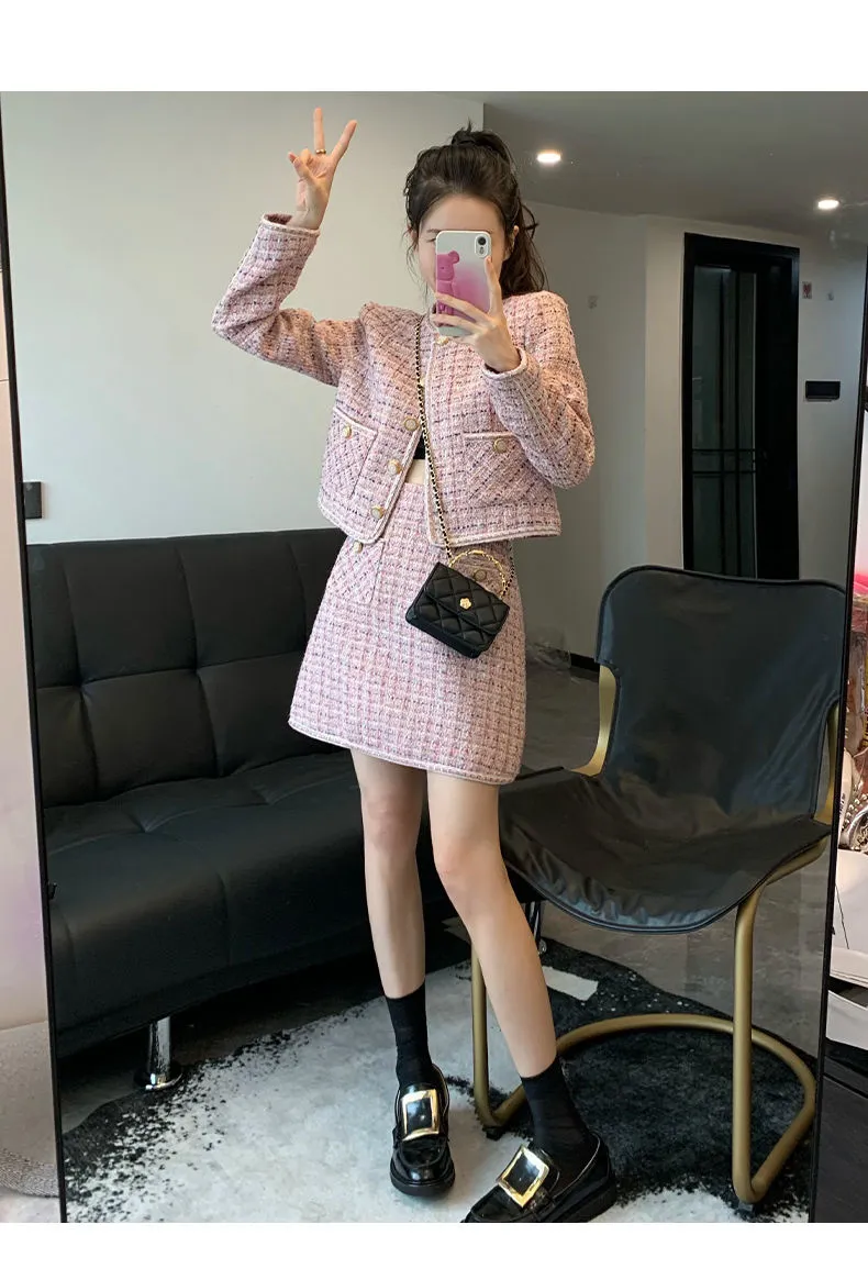 Tweed Skirt Set: Womens Vintage Inspired Two Piece Mini Suit Pink