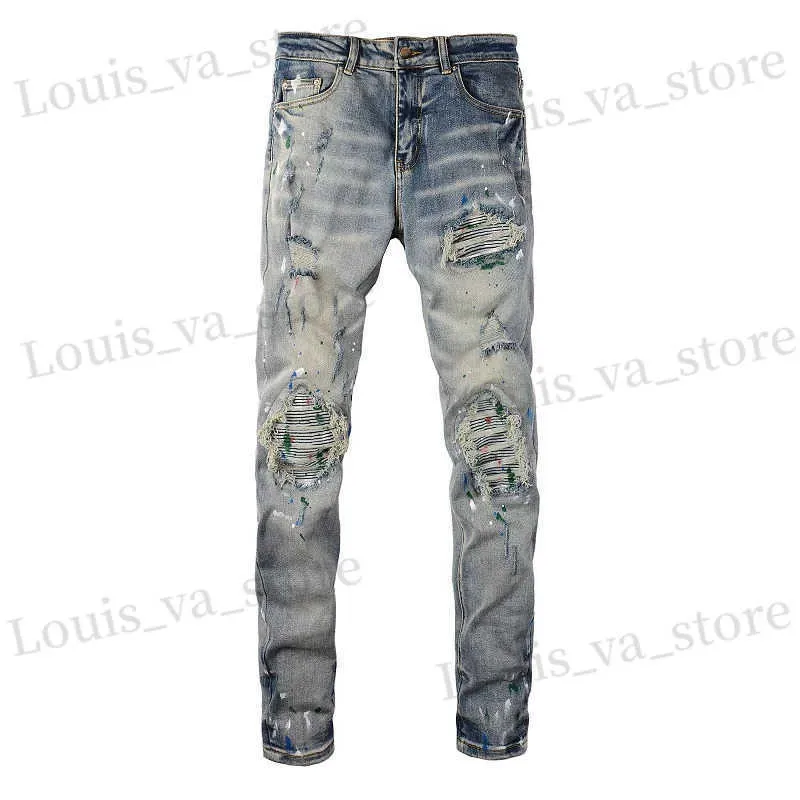 Heren jeans mannen geschilderd stretch denim biker jeans strtwear gebarsten patch patchwork holes gescheurd noodlijdende broek magere taps toelopende broek t240411