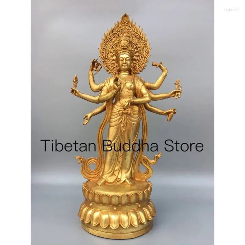Dekorativa figurer 41 cm tibetansk gammal gul koppar förgylld ren åtta beväpnade Avalokitesvara bodhisattva lotus tara staty prydnad