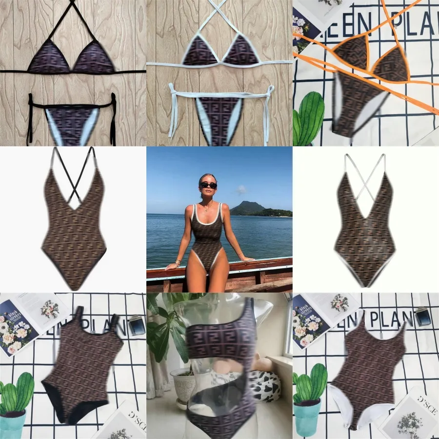 Kvinnors bikini designer badkläder klassisk f brev tryck en bit baddräkt sexig slips baddräkt storlek s-3xl